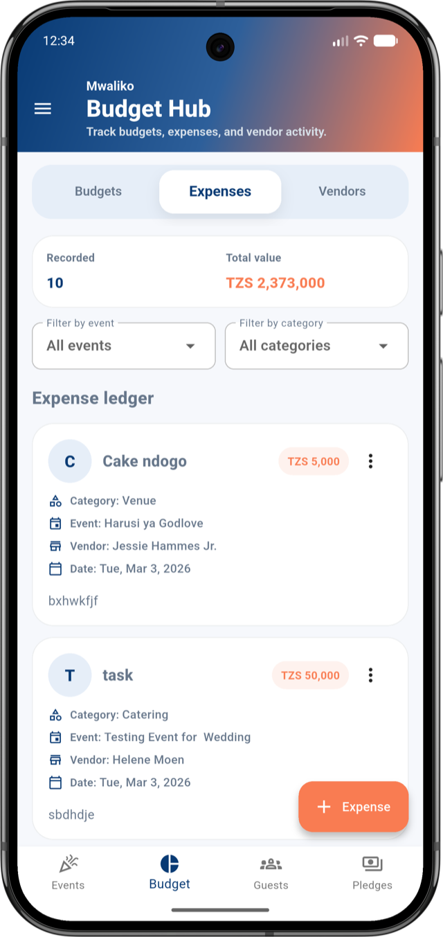 Mwaliko app budget hub expenses screen