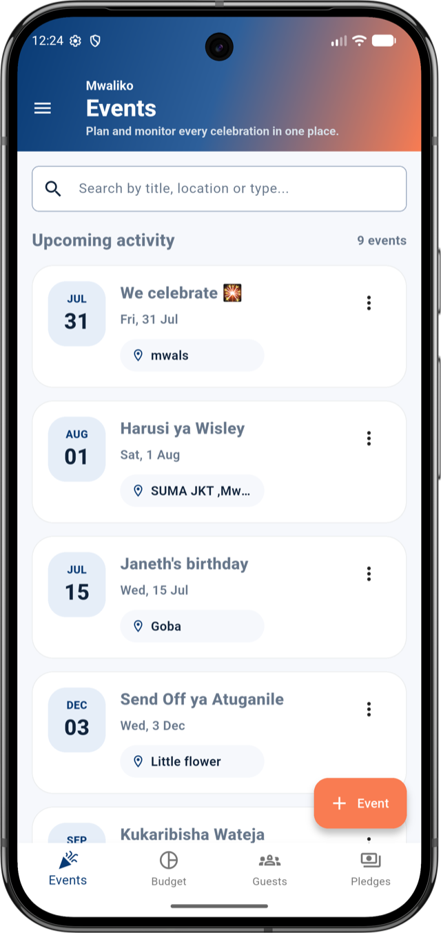 Mwaliko app events screen